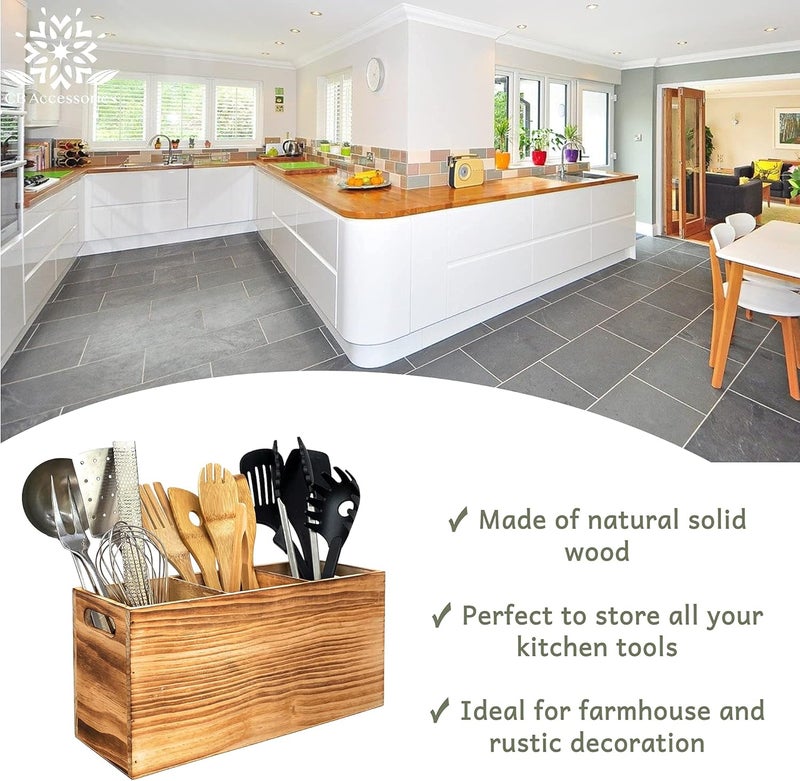 CB Accessories Wood Utensil Holder Organizer for Counter - Large Wooden Utensil Caddy for Countertop - 3 Compartment Cooking Tool Storage for Spatula - Farmhouse Kitchen Decor and Accessories - Image 5